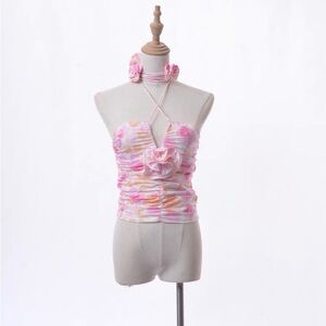 Brand new w/out tags Floral neck tie around ruched crop top